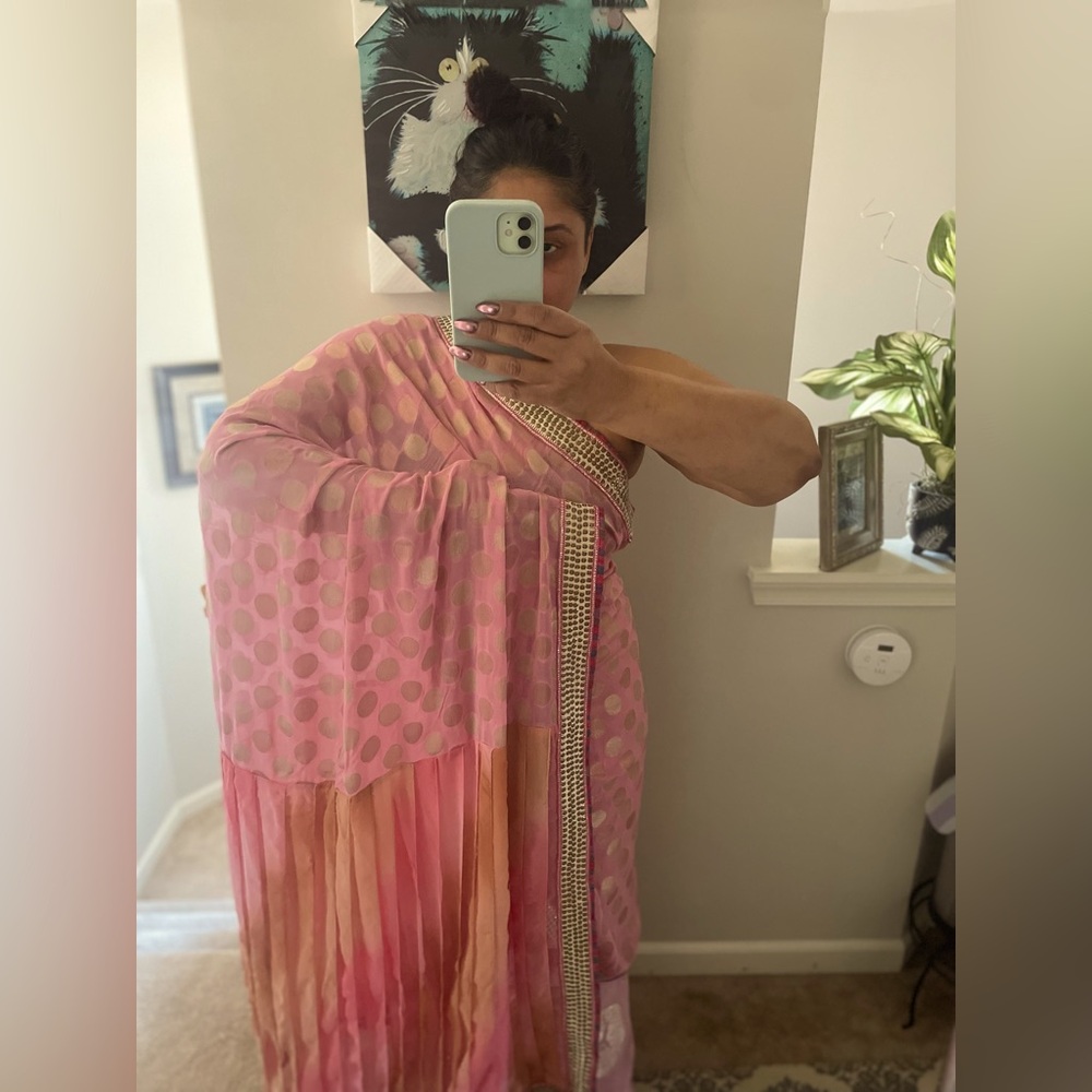 36-40Pink Sari w silver blouse & mermaid flares